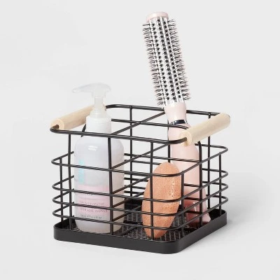 Divided Wire Caddy Basket With Wood Handle Black - Brightroom™ 2 Divided Wire Caddy Basket With Wood Handle Black - Brightroom™ - Image 2